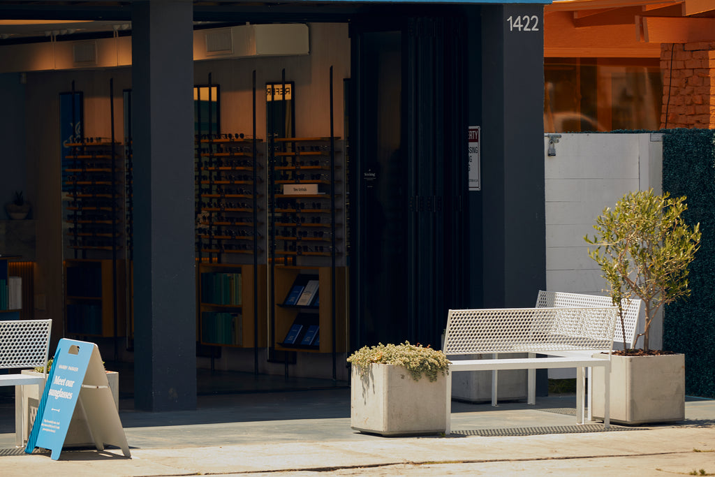 retail shop in Los Angeles with custom perforated steel outdoor benches