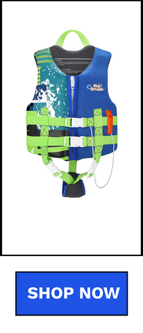 Colorful child’s vest with reinforced buckles, adjustable straps, and a safety whistle.