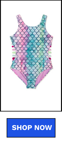 Colorful one piece bathing suit with reflective fabric.