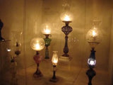 Antique glass lighting on display in a museum.