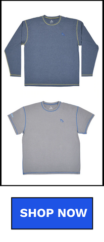 Loose fitting grey and blue rash guard swim shirts with SPF 50 fabric.