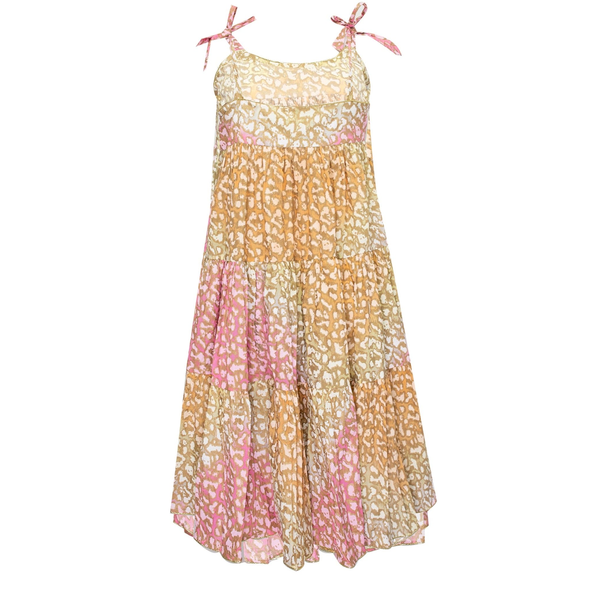 Tie Dye 70's Sundress in Orange, Pink and Yellow Snow Leopard Print