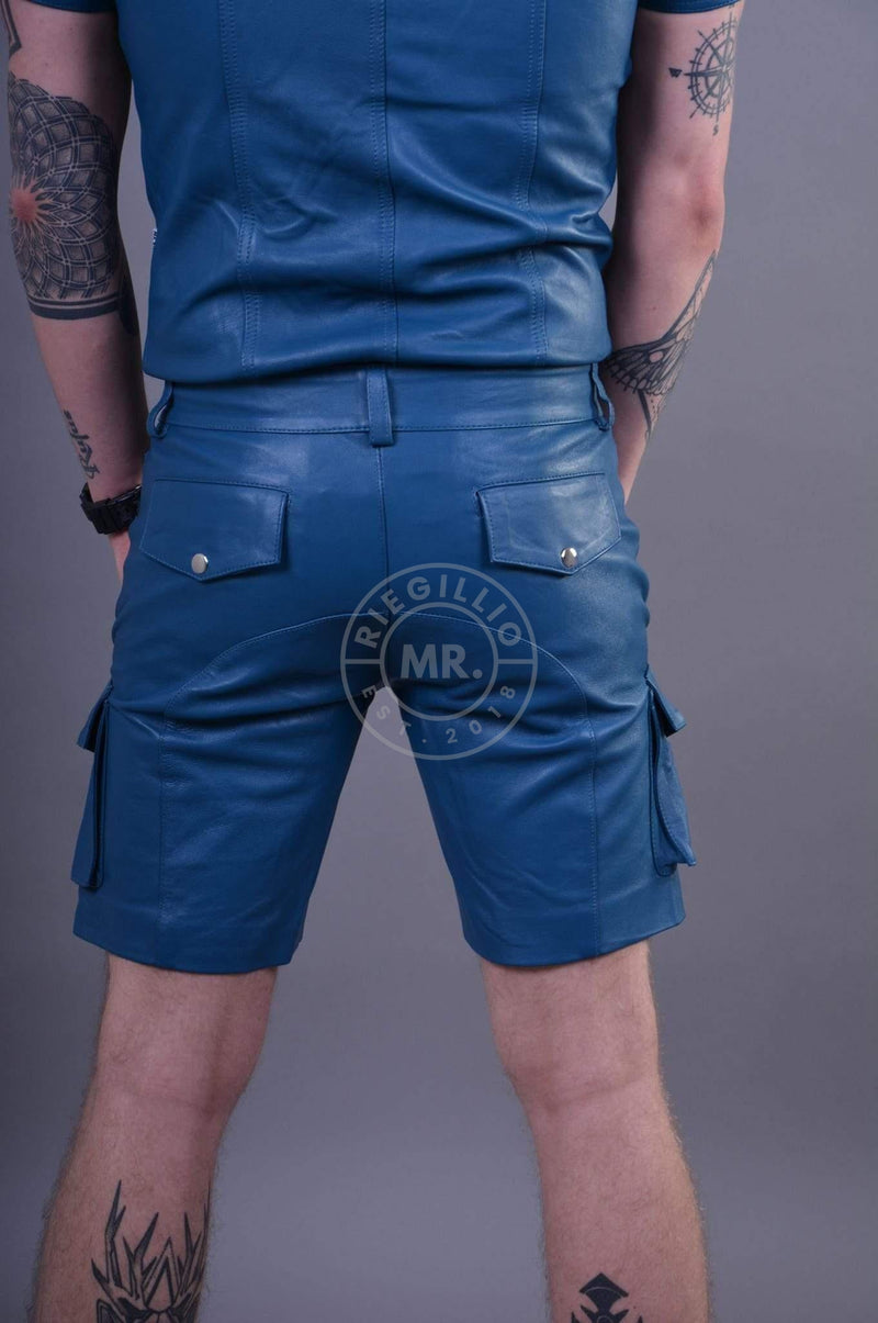 Jeans Blue Leather Cargo Short by MR. Riegillio