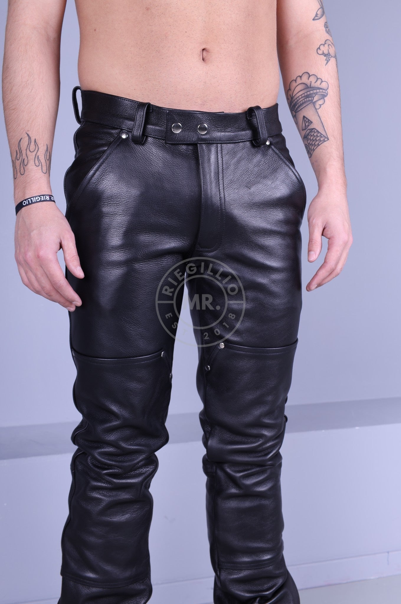 Black Leather Carpenter Pants by MR. Riegillio