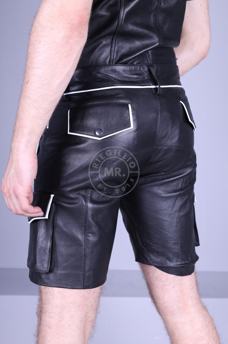 Cargo-Shorts aus schwarzem Leder - weiße Paspelierung – MR. Riegillio