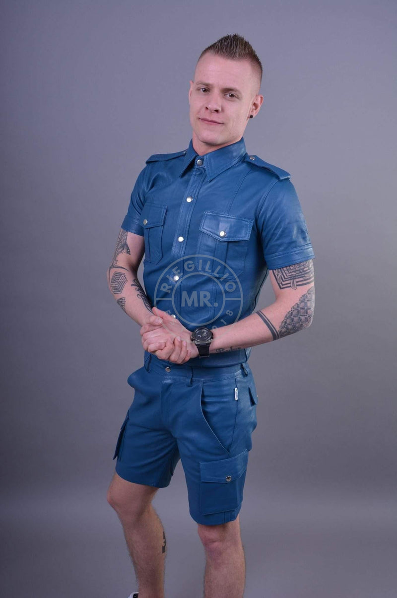 Jeans Blue Leather Cargo Short by MR. Riegillio