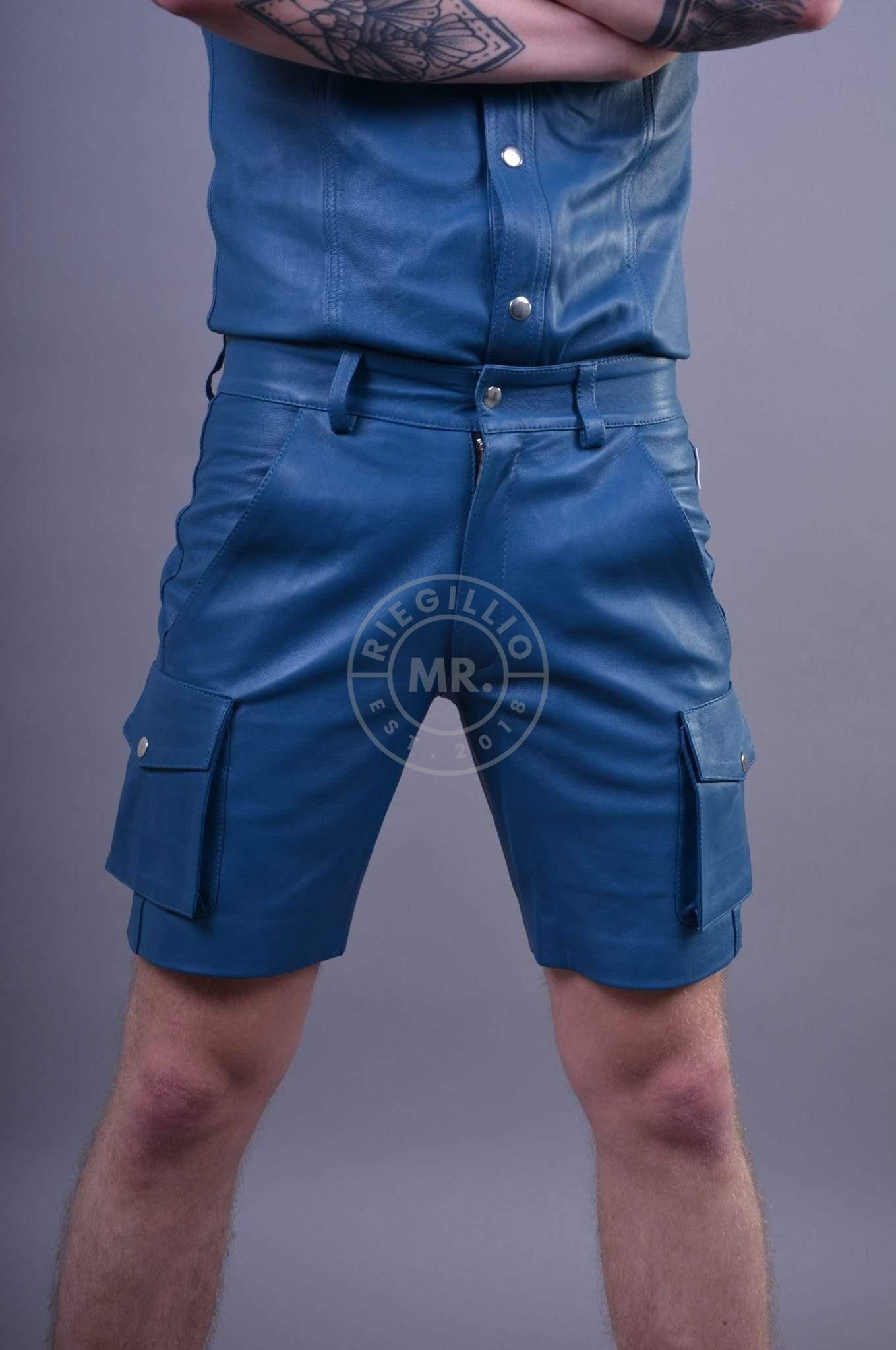 Jeans Blue Leather Cargo Short by MR. Riegillio