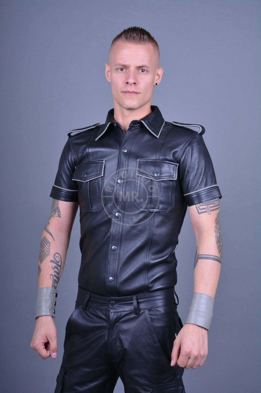 Black Leather Shirt - GREY Piping by Mr Riegillio – MR. Riegillio