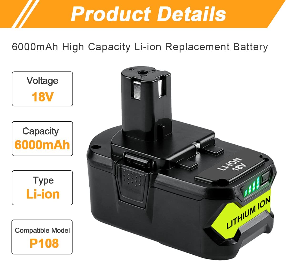 Black & Decker 18Volt Lithium Battery Replacement 6.0Ah