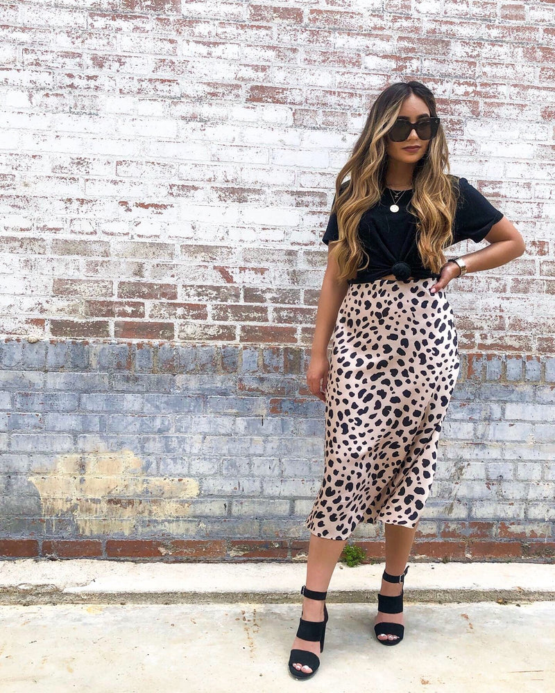 glamorous satin midi skirt in leopard print