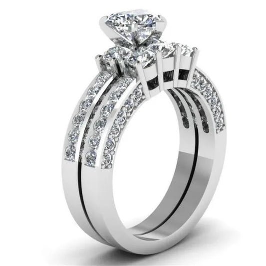 Women's 925 Sterling Silver Diamond Heart Bridal Wedding Engagement Ring Jewelry Set