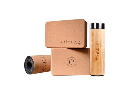 Erthe Life Sustainable Cork Yoga Mat and Block with Bamboo Insulated Water Bottle