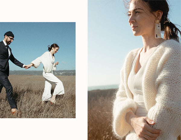 Bride Courtney in the Mohair Bomber Cardigan in Cloud