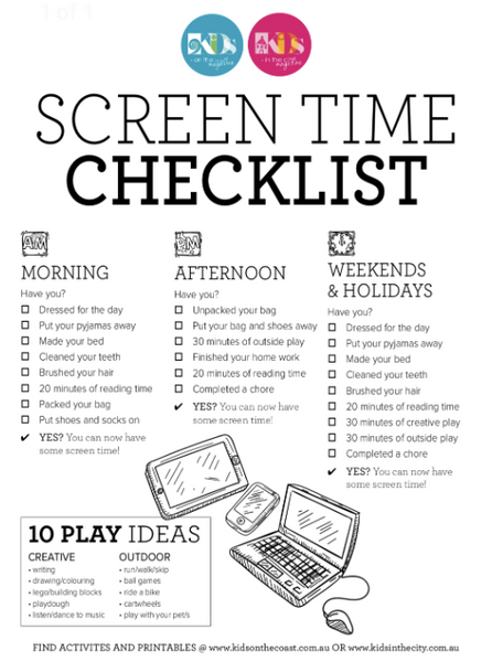 Screen Time Check List for Children
