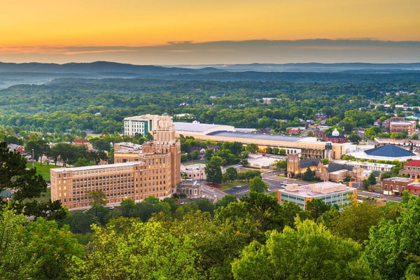 An overview of downtown Hot Springs Arkansas at sunset