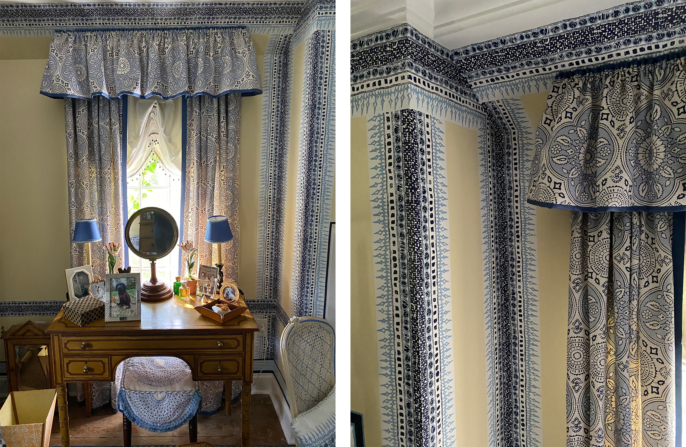 Left: A window draped with our Madura Lapis Fabric. Right: Stiles took our Algiers Indigo Wallpaper and cut it up to create a faux molding.