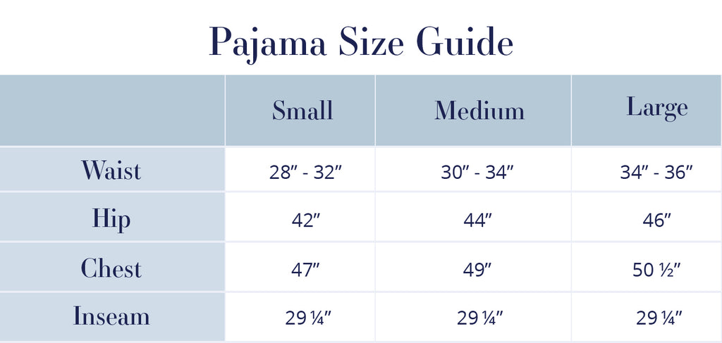 John Robshaw Textiles | Pajama Size Guide