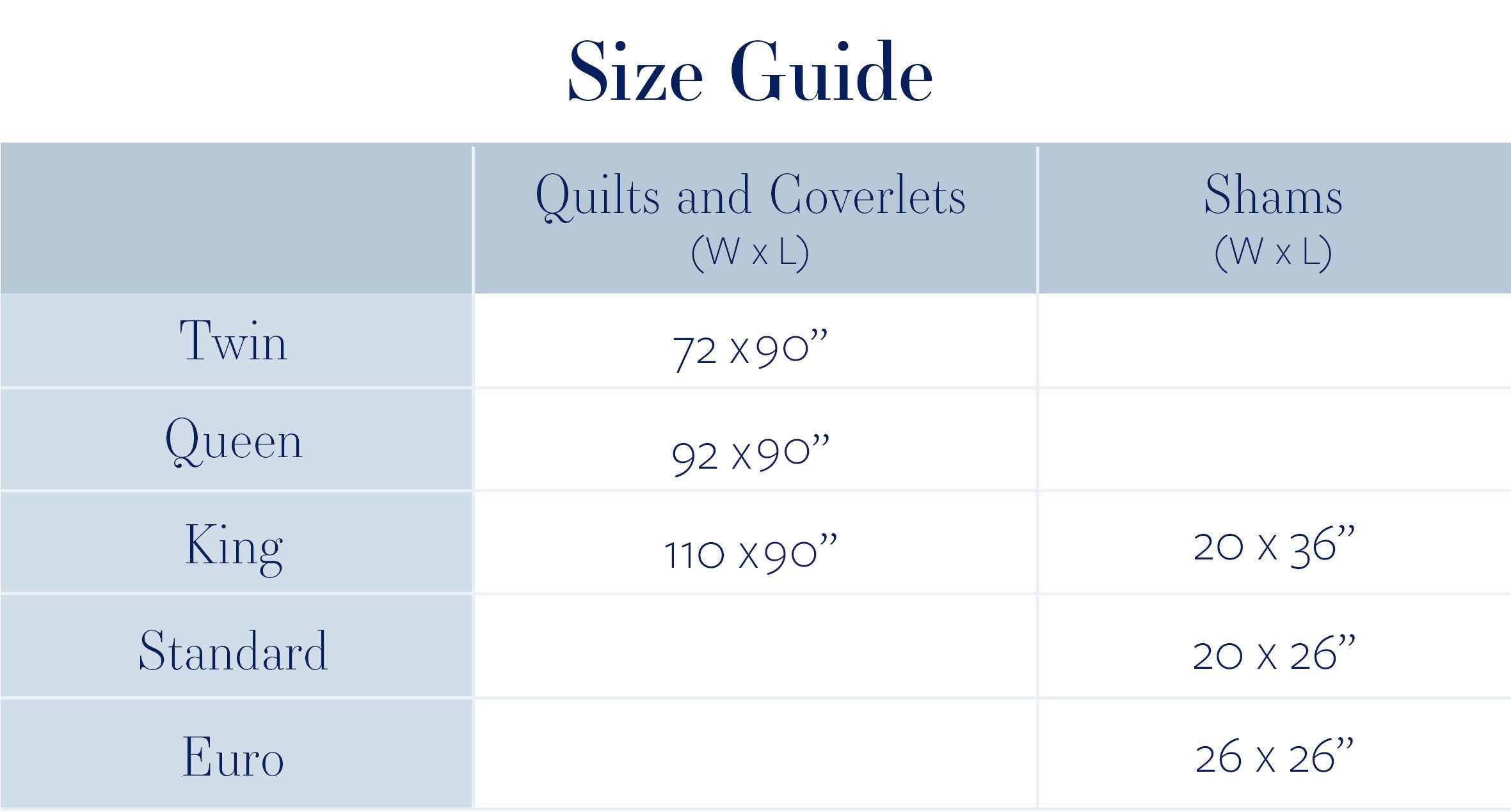 Vivada Quilts Size Guide