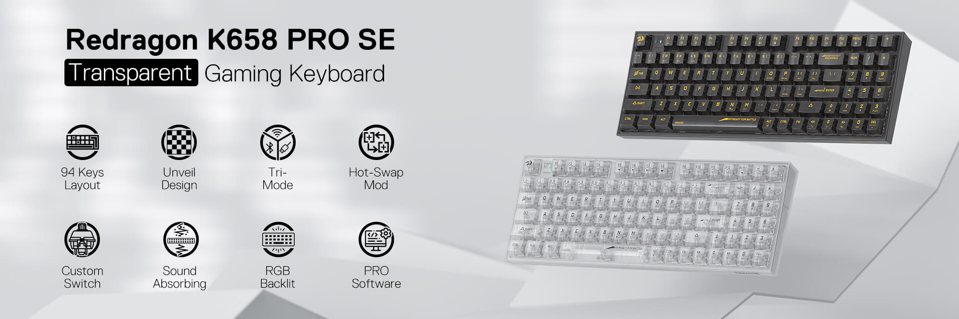 94 Keys Full-Transparent Hot-Swap Mechanical Keyboard w/Upgraded Socket, Sound Absorbing Foams, Full Numpad