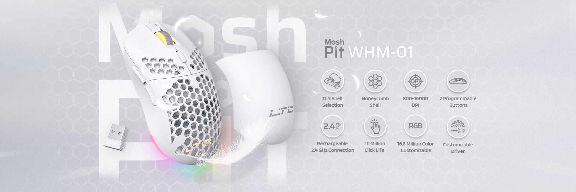 LTC Mosh Pit RGB Wireless/Wired Gaming Mouse with Ultra Lightweight Honeycomb Shell, Adjustable 16,000 DPI