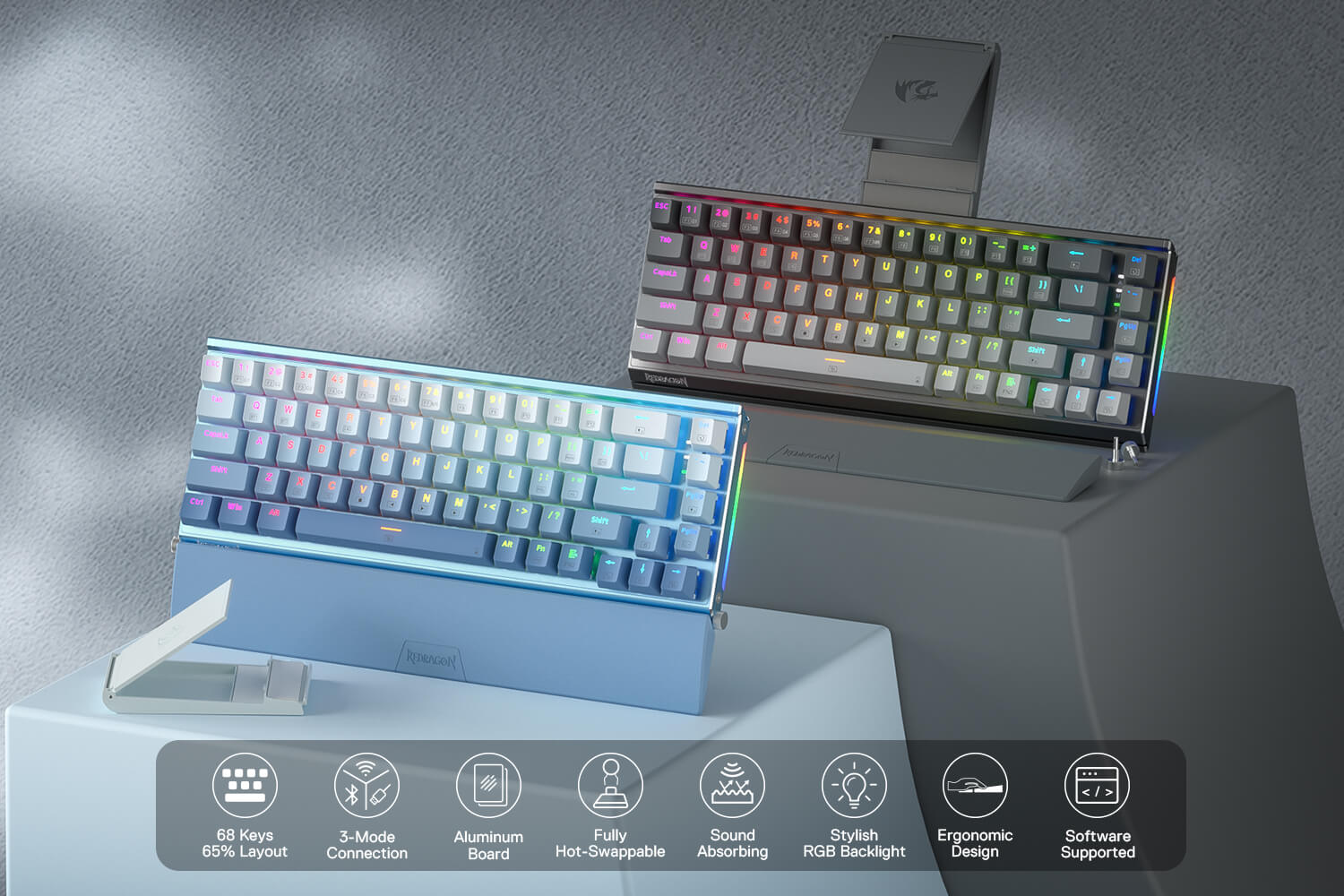 3-Mode 68 Keys Compact Gaming Keyboard w/ 3.5mm Sound Absorbing Foams