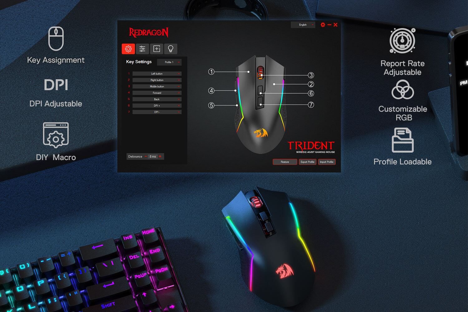 8000 DPI Wired/Wireless Gamer Mouse w/ 3-Mode Connection