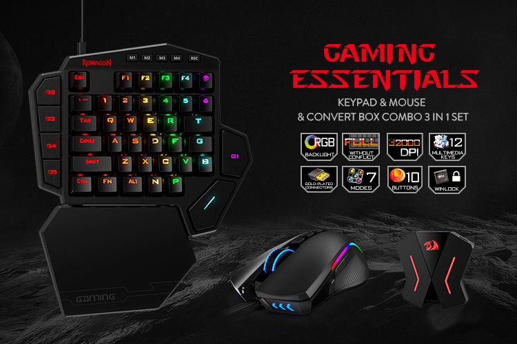 Redragon RGB K585 gaming keypad, M721 RGB gaming mouse and a GA200 converter