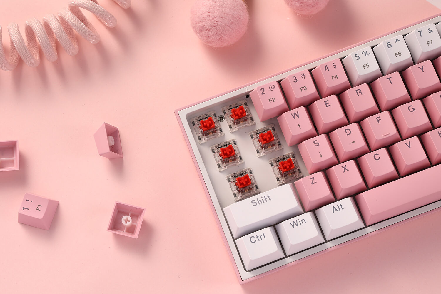 61 Keys Compact Mechanical Keyboard w/White and Pink Color Keycaps with Linear Red Switch