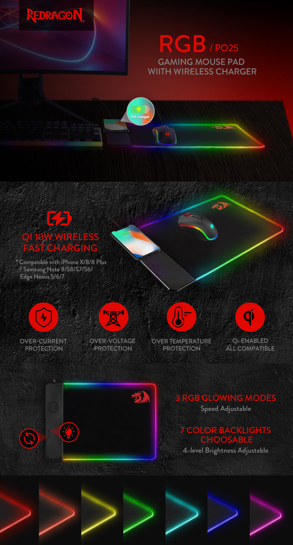 Redragon P025 Qi 10w Fast Wireless Charging RGB Backlit Mouse Pad