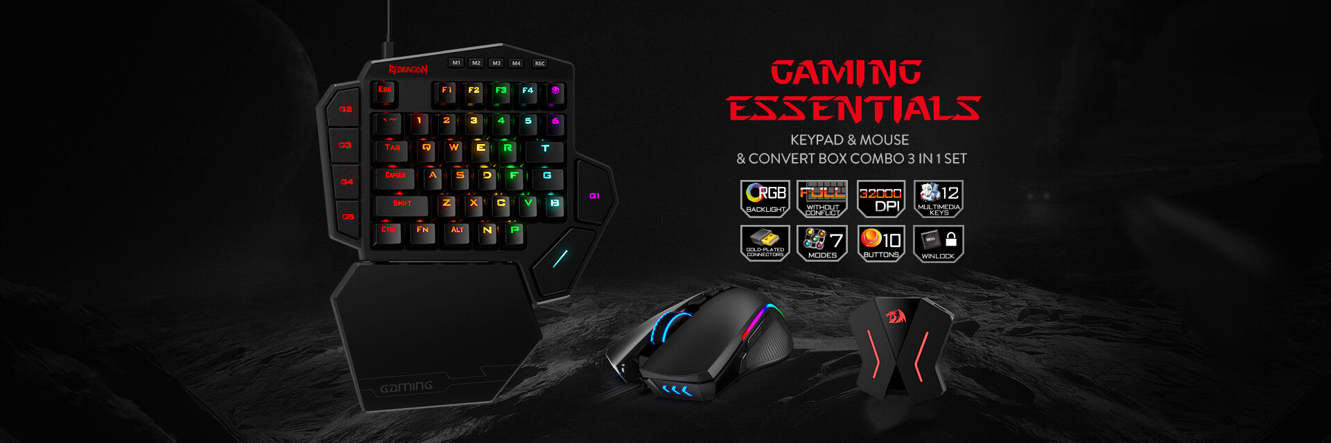 Redragon RGB K585 gaming keypad, M721 RGB gaming mouse and a GA200 converter