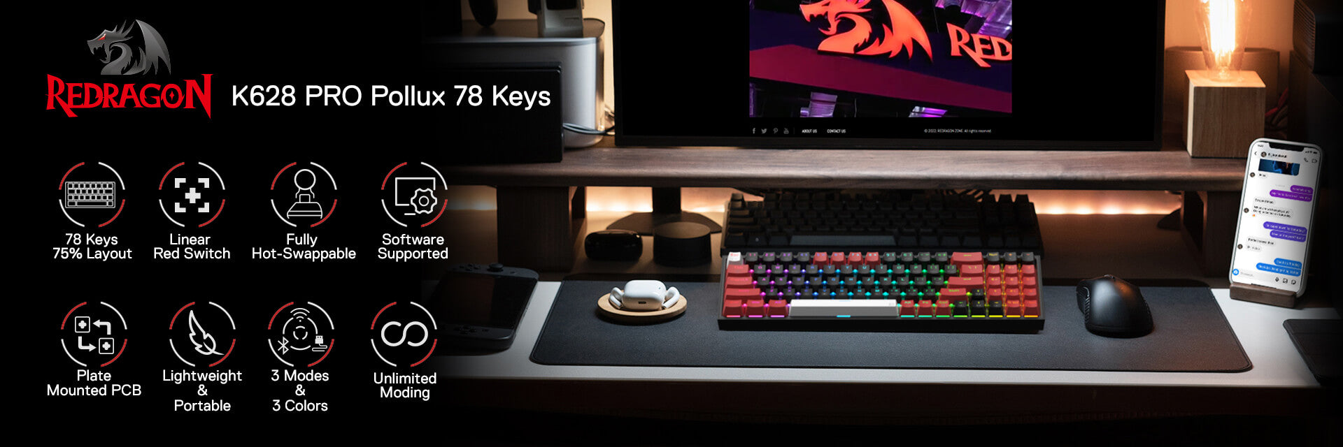 Redragon K628 PRO 75% 3-Mode Wireless RGB Gaming Keyboard