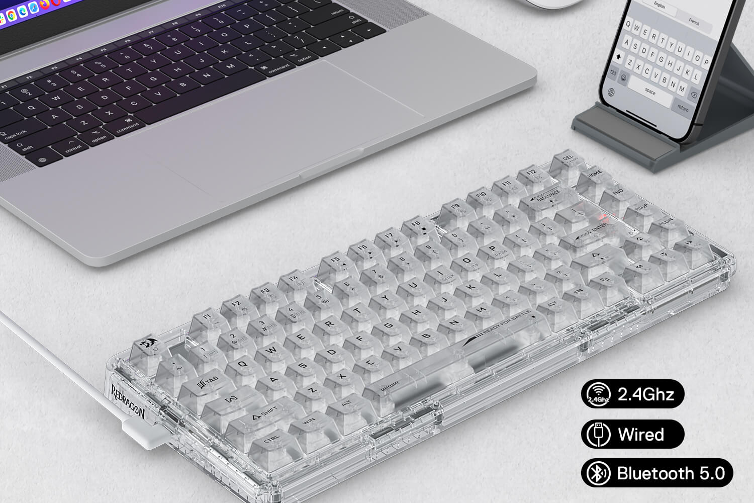 3-Modes 82 Keys Full-Transparent Hot-Swap Compact Mechanical Keyboard w/Upgraded Socket