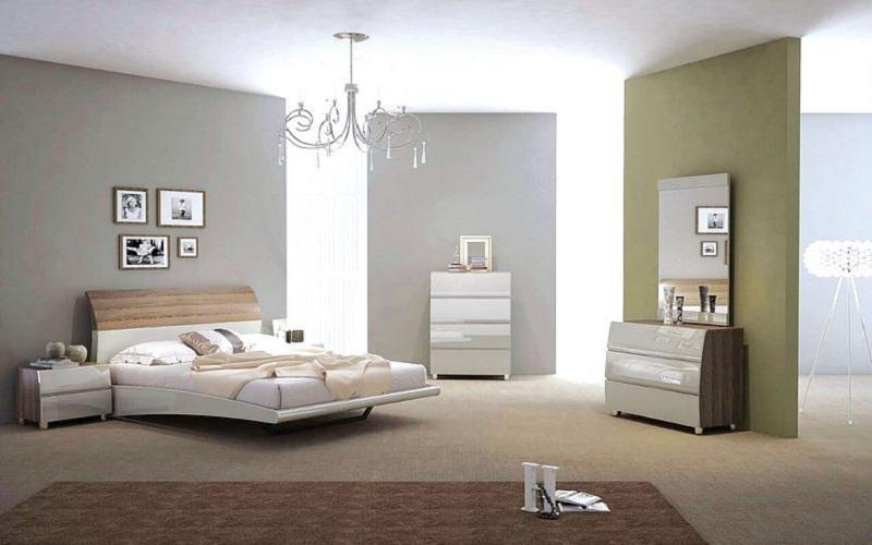 bedroom set with lacquer head board 8 pc - walnut & light grey