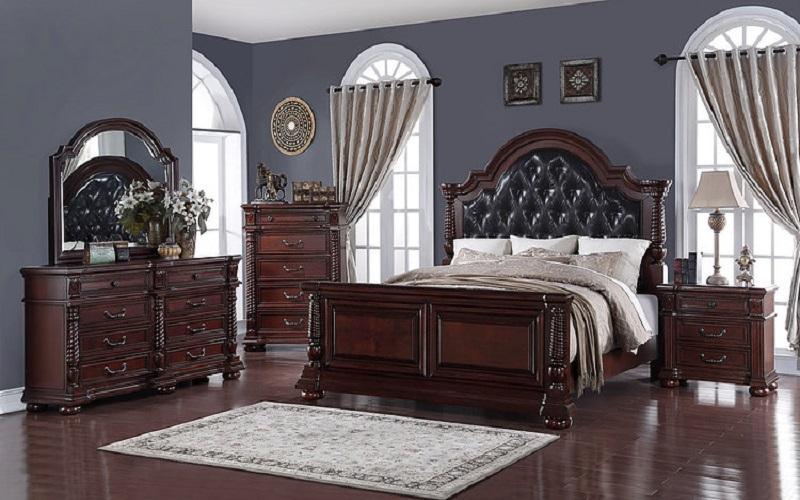 Bedroom Set With Leather Insert Head Board 8 Pc Dark Cherry