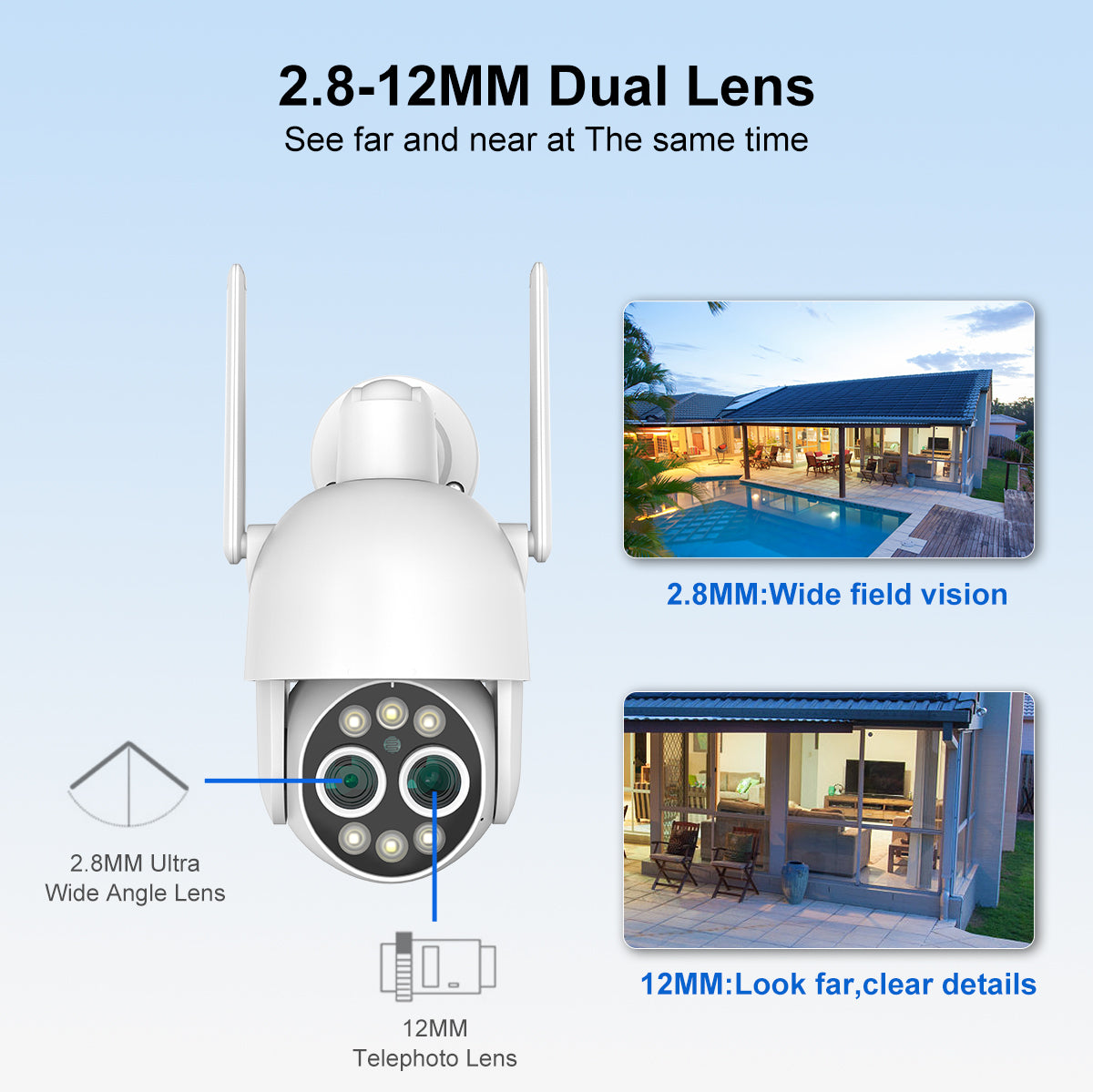 Wireless PTZ 50X Digital Zoom 5MP Security Camera Outdoor, 165FT Viewing  Distance Dual Lens 360° PTZ Camera Home Surveillance Cam, Auto Tracking