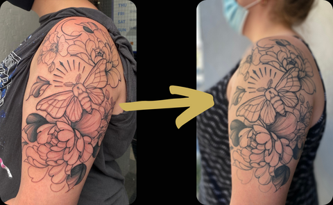 Shows a floral & moth tattoo by artist Lu Loram Martin, from fresh to 1 year healed. 