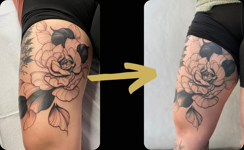 Shows a floral blackwork tattoo by artist Lu Loram Martin, from fresh to 1 year healed. 