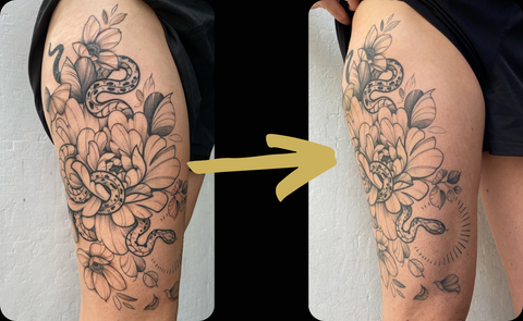 Shows a floral thigh tattoo by artist Lu Loram Martin, from fresh to 1 year healed. 
