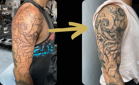 Shows a floral & octopus tattoo by artist Lu Loram Martin, from fresh to 1 year healed. 