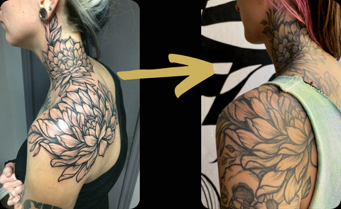 Shows a floral shoulder tattoo by artist Lu Loram Martin, from fresh to 5 years healed. 