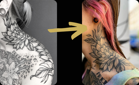 Shows a floral neck tattoo by artist Lu Loram Martin, from fresh to 5 years healed. 