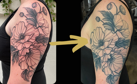 Shows a floral tattoo by artist Lu Loram Martin, from fresh to 6 months healed. 