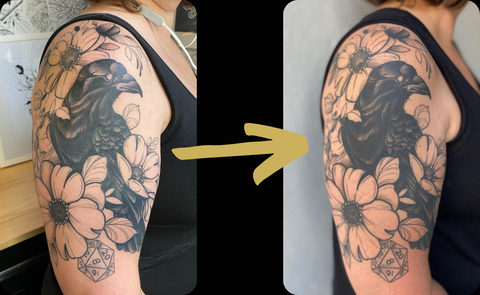 Shows a floral & raven tattoo by artist Lu Loram Martin, from fresh to 6 months healed. 