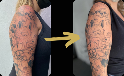 Shows a floral & fox tattoo by artist Lu Loram Martin, from fresh to 6 weeks healed. 