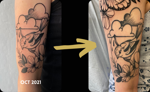 Shows a floral & bird tattoo by artist Lu Loram Martin, from fresh to 1 year healed. 
