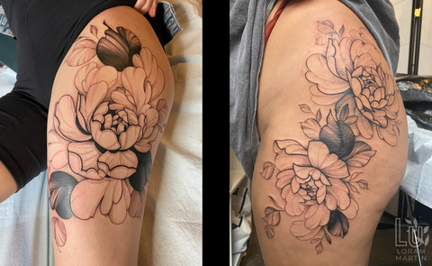 Peony bold and fine line hip tattoo design by floral tattoo artist and illustrator Lu Loram Martin, based in Toronto, Canada.