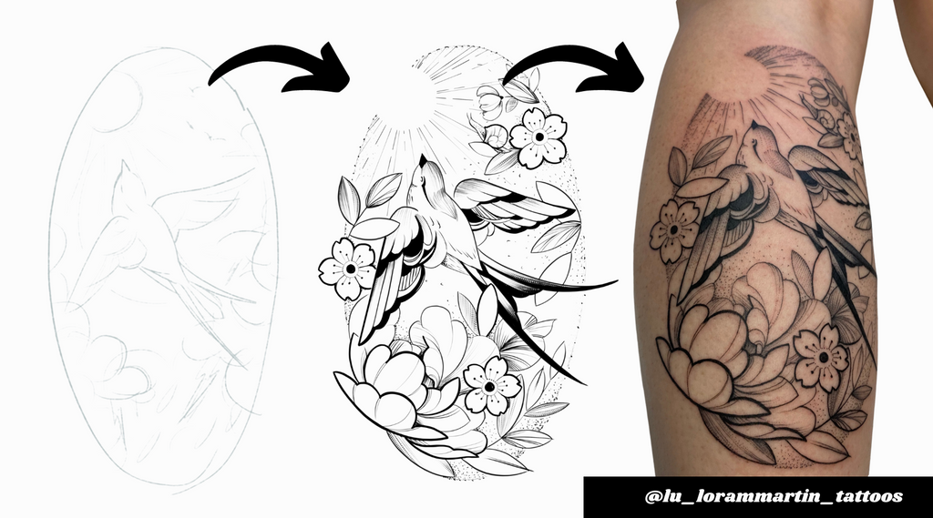 design process showing sketch, outline and finished swallow and cherry blossom tattoo by lu loram martin, top large bold blackwork floral tattoo specialist, and illustrator, based in toronto, canada, best