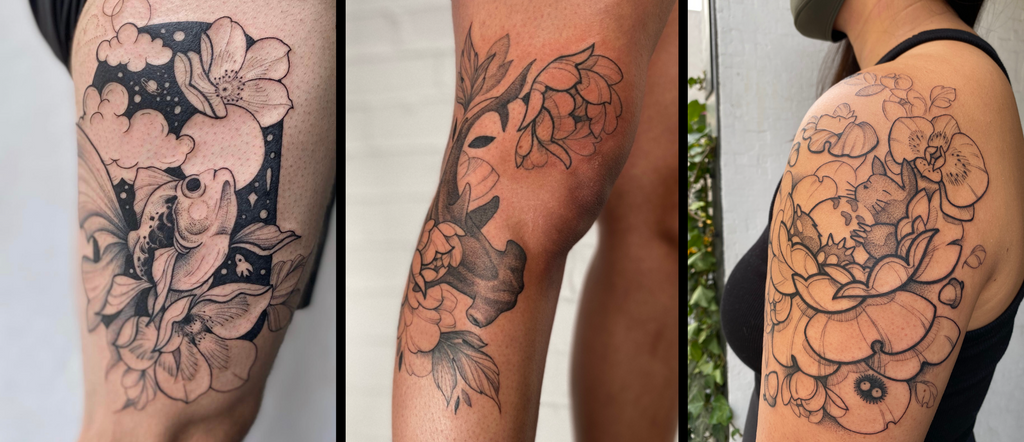 bold and fine line tattoos designed and illustrated by female foral tattoo artist lu loram martin in toronto canada