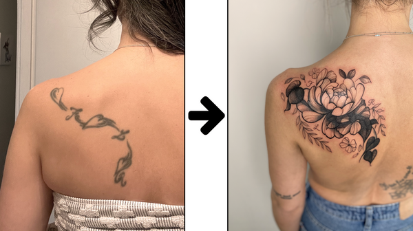 Beautiful feminine floral cover up tattoo, before and after, by floral tattoo artist, Lu Loram-Martin, in Toronto, Canada