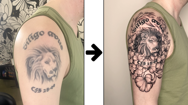 Beautiful male floral tattoo, with a lion coverup, gladioli, potato flowers and geranium, for his grandfather, by floral tattoo artist, Lu Loram-Martin, in Toronto, Canada